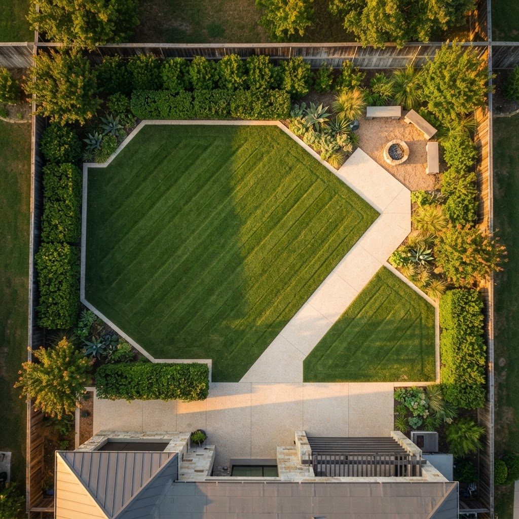 Aerial view of a striped lawn with limestone path